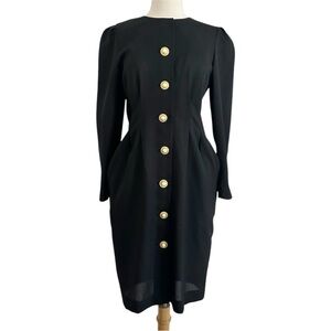 Vintage 80s 90s Karin Stevens Dress Pearl Button Black Sheer Midi Rockabilly Sm